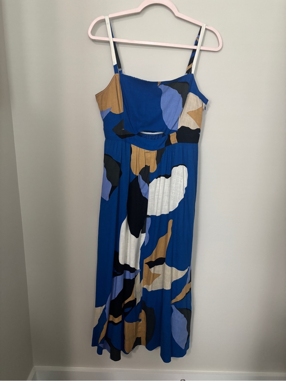 Nine West Blue Multi-Color Print Spaghetti Strap Dress lined - size L PTP 19”